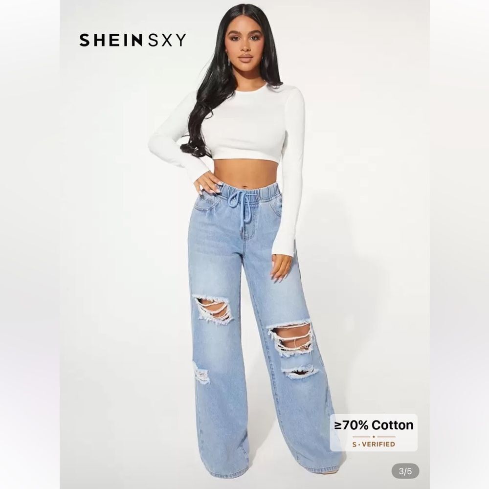 Drawstring Waist Ripped Wide Leg Jeans Large 8/10 - Picture 4 of 7